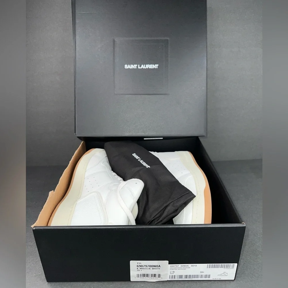 SAINT LAURENT SL 80 WOMEN SL/80 HIGH TOP LOGO YSL LEATHER SNEAKERS SIZE 39.5 - Picture 2 of 15